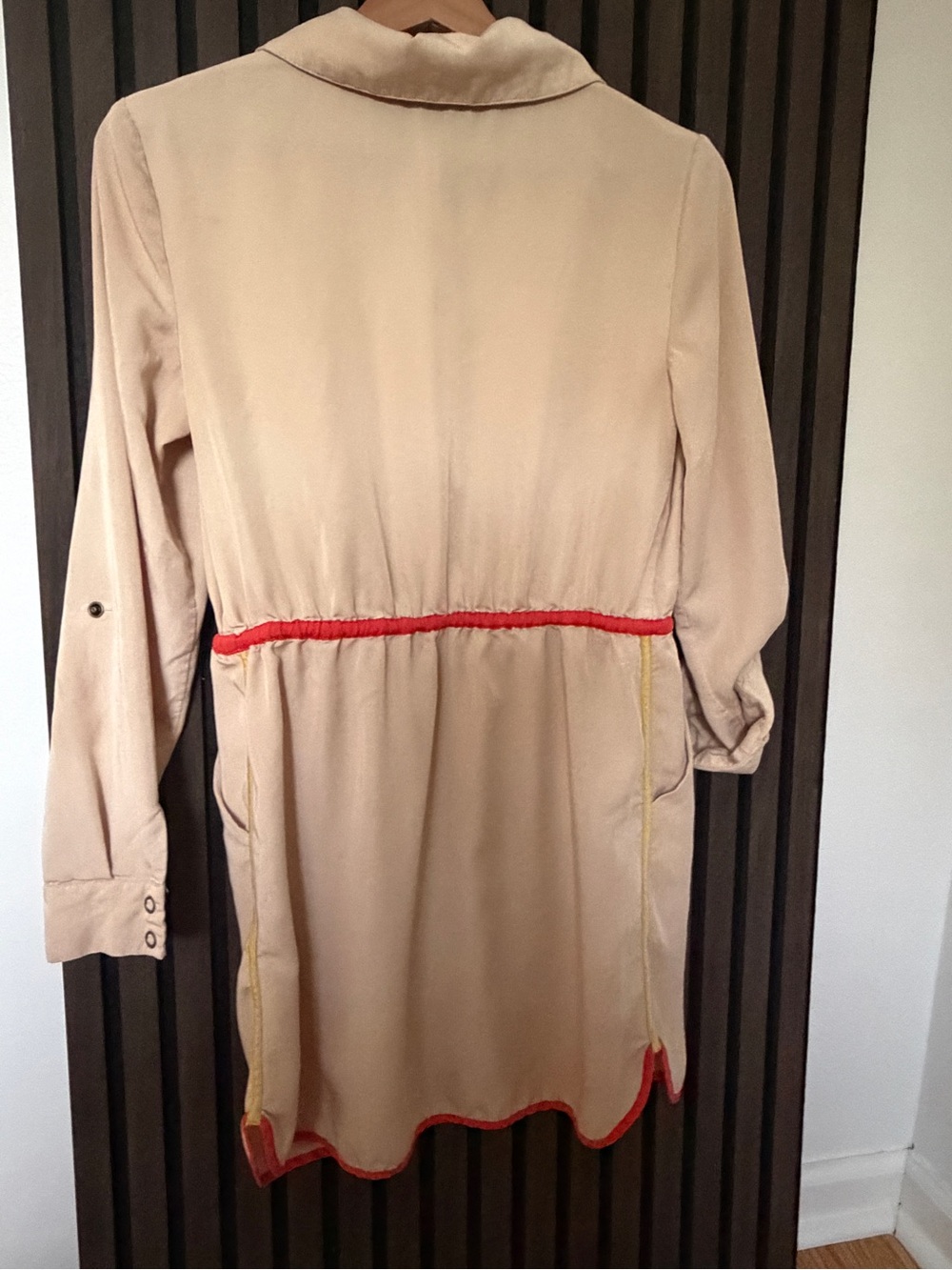 Kensie Utility Safari Shirt Dress Beige Neon Trim Roll Tab Sleeves Size S - Picture 9 of 14